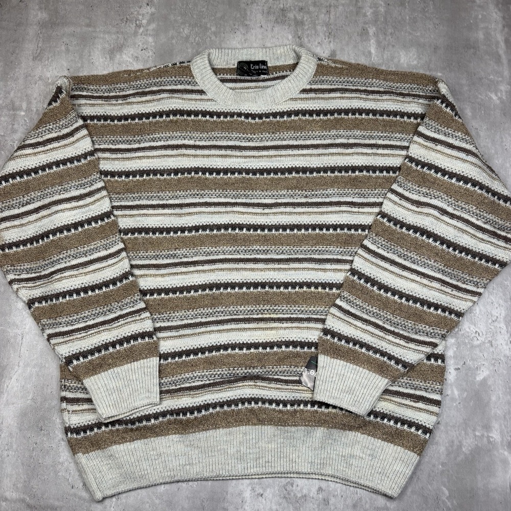 Tris Line Wool Blend Large Men's Sweater Made In Italy 3D Knit Vintage 90s NWT